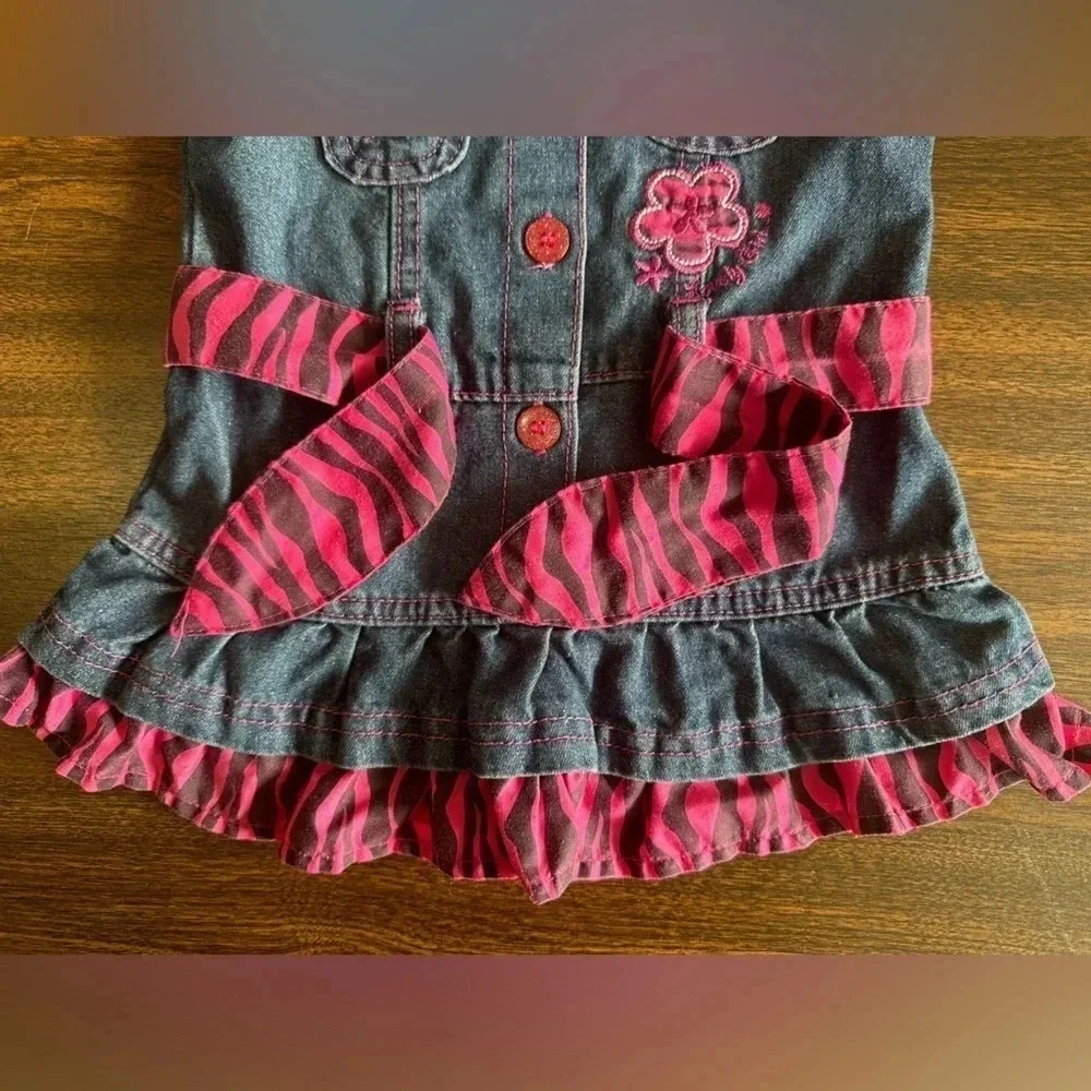 Carter’s Baby Girls Ruffle Denim Dress Pink Zebra Trim Jean Dress Size 12 Months